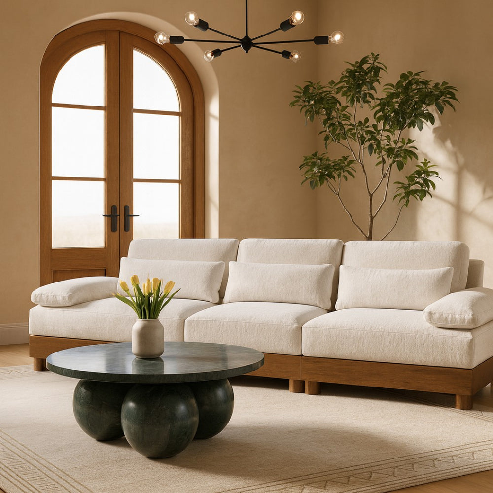 Meridian Furniture Turin Art Deco Modular Sofa Cream Chenille Plush Seating with Solid Walnut Wood Frame 606Cream-S3A