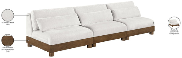 Meridian Furniture Turin Three Piece Modular Sofa Plush Chenille Art Deco Low Profile Living Room 606Cream-S3B