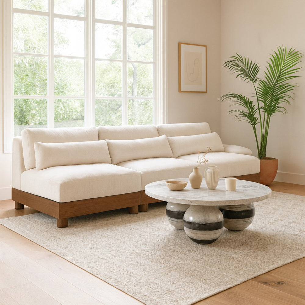 Meridian Furniture Turin Three Piece Modular Sofa Plush Chenille Art Deco Low Profile Living Room 606Cream-S3B