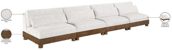 Meridian Furniture Turin Art Deco Modular Sofa Plush Chenille Upholstery Walnut Frame Living Room 606Cream-S4B