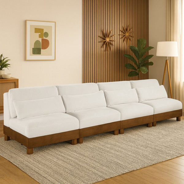 Meridian Furniture Turin Art Deco Modular Sofa Plush Chenille Upholstery Walnut Frame Living Room 606Cream-S4B