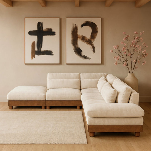 Meridian Furniture Turin Five Piece Modular Sectional Plush Chenille Low Profile Art Deco Living Room 606Cream-Sec5D