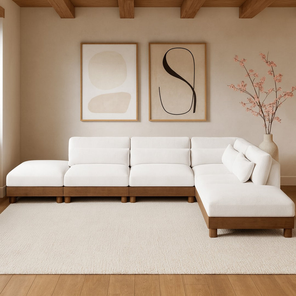 Meridian Furniture Turin Six Piece Modular Sectional Plush Chenille Art Deco Living Room Sofa Set 606Cream-Sec6B