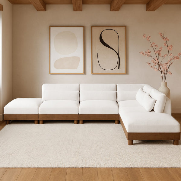Meridian Furniture Turin Six Piece Modular Sectional Plush Chenille Art Deco Living Room Sofa Set 606Cream-Sec6B
