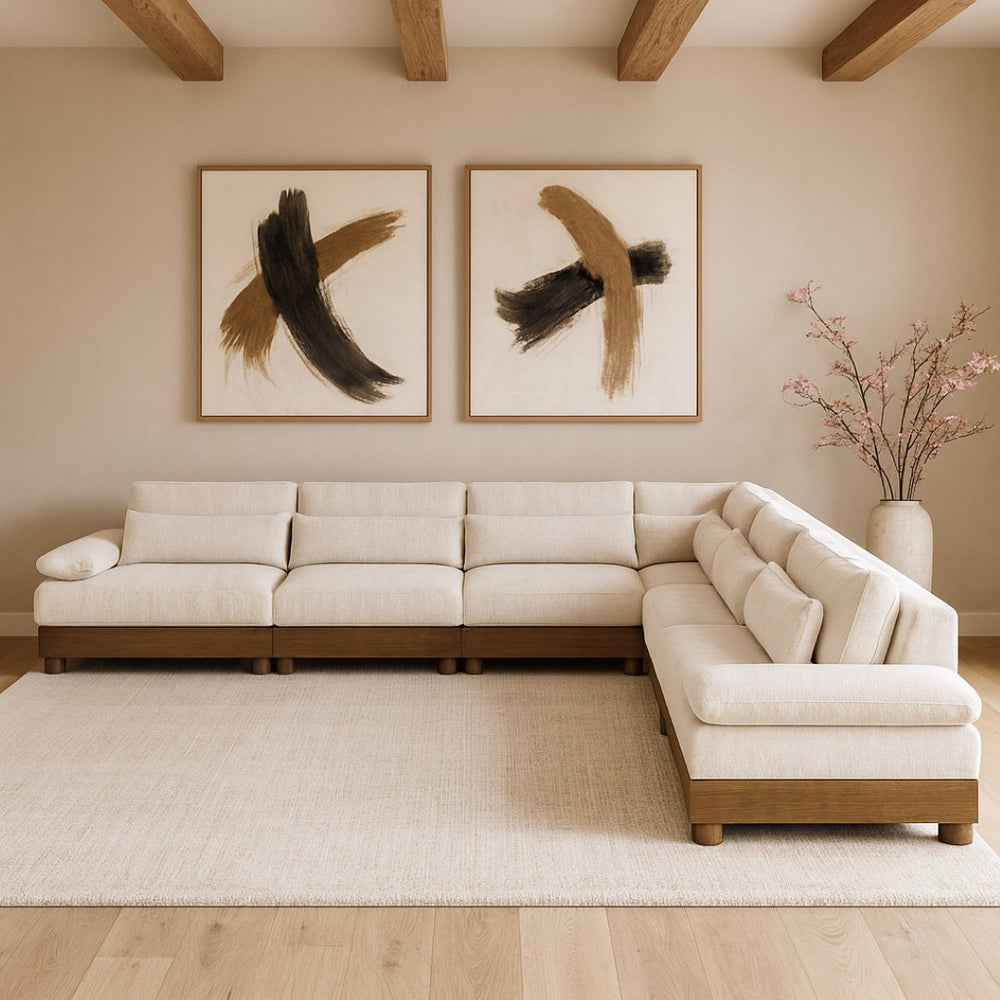 Meridian Furniture Turin Seven Piece Modular Sectional Cream Chenille Art Deco Low Profile Living Room 606Cream-Sec7A