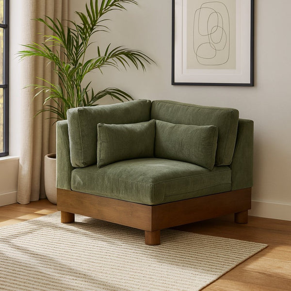 Meridian Furniture Turin Modular Corner Chair Art Deco Chenille Upholstery Low Profile Sectional Living Room Green 606Green-Corner