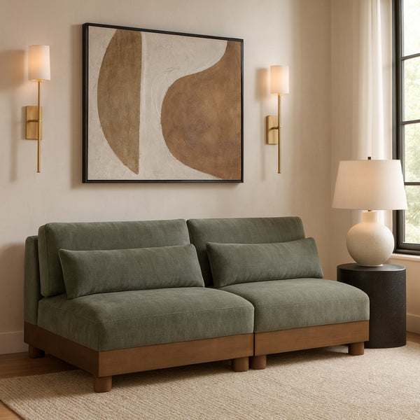 Meridian Furniture Turin Art Deco Modular Sofa in Plush Green Chenille with Walnut Wood Legs 606Green-S2B