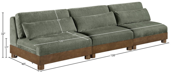 Meridian Furniture Turin Art Deco Modular Sofa in Plush Green Chenille with Solid Walnut Wood Frame 606Green-S3B
