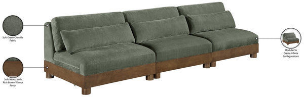 Meridian Furniture Turin Art Deco Modular Sofa in Plush Green Chenille with Solid Walnut Wood Frame 606Green-S3B
