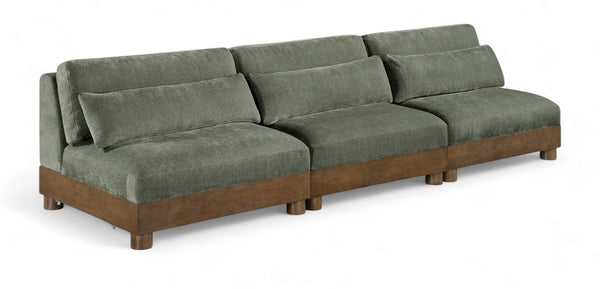 Meridian Furniture Turin Art Deco Modular Sofa in Plush Green Chenille with Solid Walnut Wood Frame 606Green-S3B