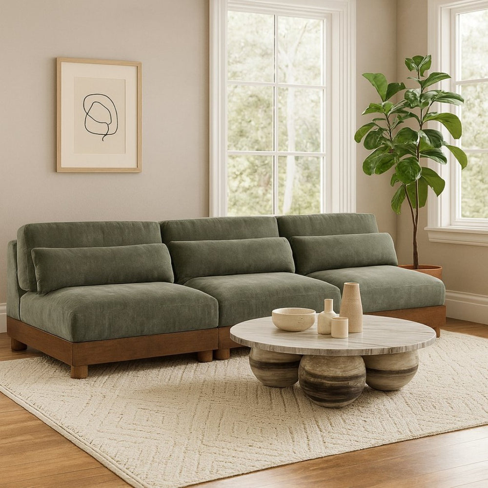 Meridian Furniture Turin Art Deco Modular Sofa in Plush Green Chenille with Solid Walnut Wood Frame 606Green-S3B