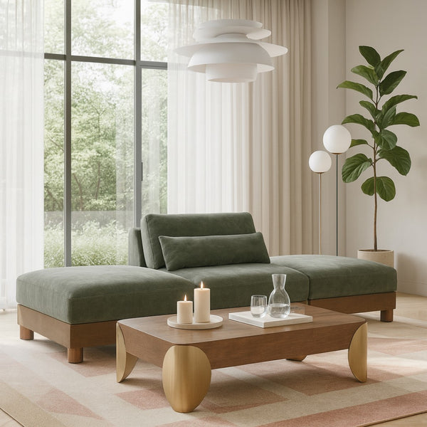 Meridian Furniture Turin Art Deco Modular Sofa with Plush Green Chenille and Solid Walnut Frame 606Green-S3C
