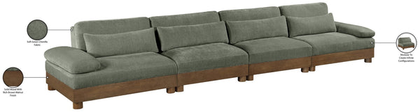 Meridian Furniture Turin Four Piece Modular Sofa in Sage Chenille with Walnut Legs Art Deco Living 606Green-S4A