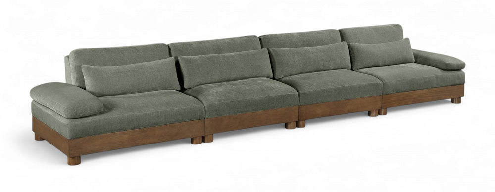 Meridian Furniture Turin Four Piece Modular Sofa in Sage Chenille with Walnut Legs Art Deco Living 606Green-S4A