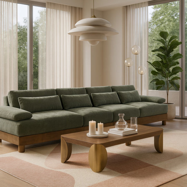Meridian Furniture Turin Four Piece Modular Sofa in Sage Chenille with Walnut Legs Art Deco Living 606Green-S4A
