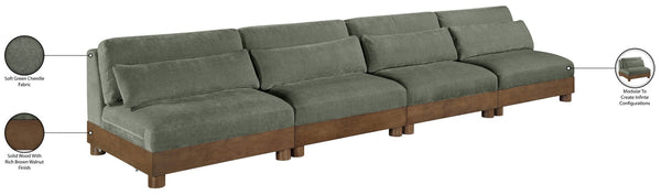 Meridian Furniture Turin Art Deco Modular Sofa Four Piece Chenille Upholstered Low Profile Lounge 606Green-S4B