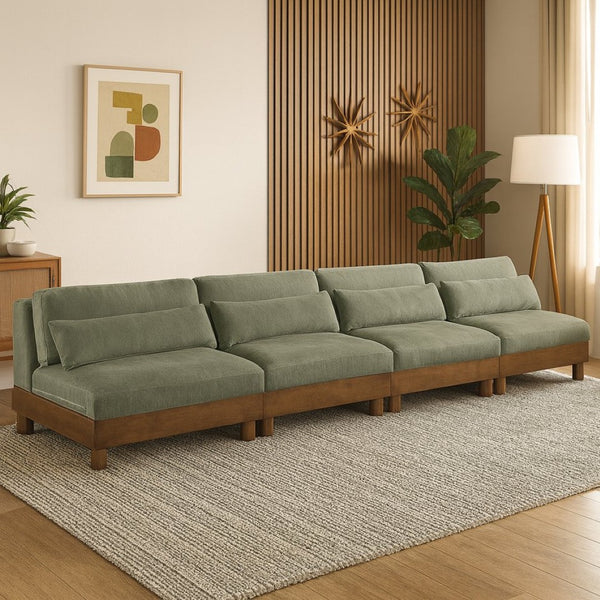 Meridian Furniture Turin Art Deco Modular Sofa Four Piece Chenille Upholstered Low Profile Lounge 606Green-S4B