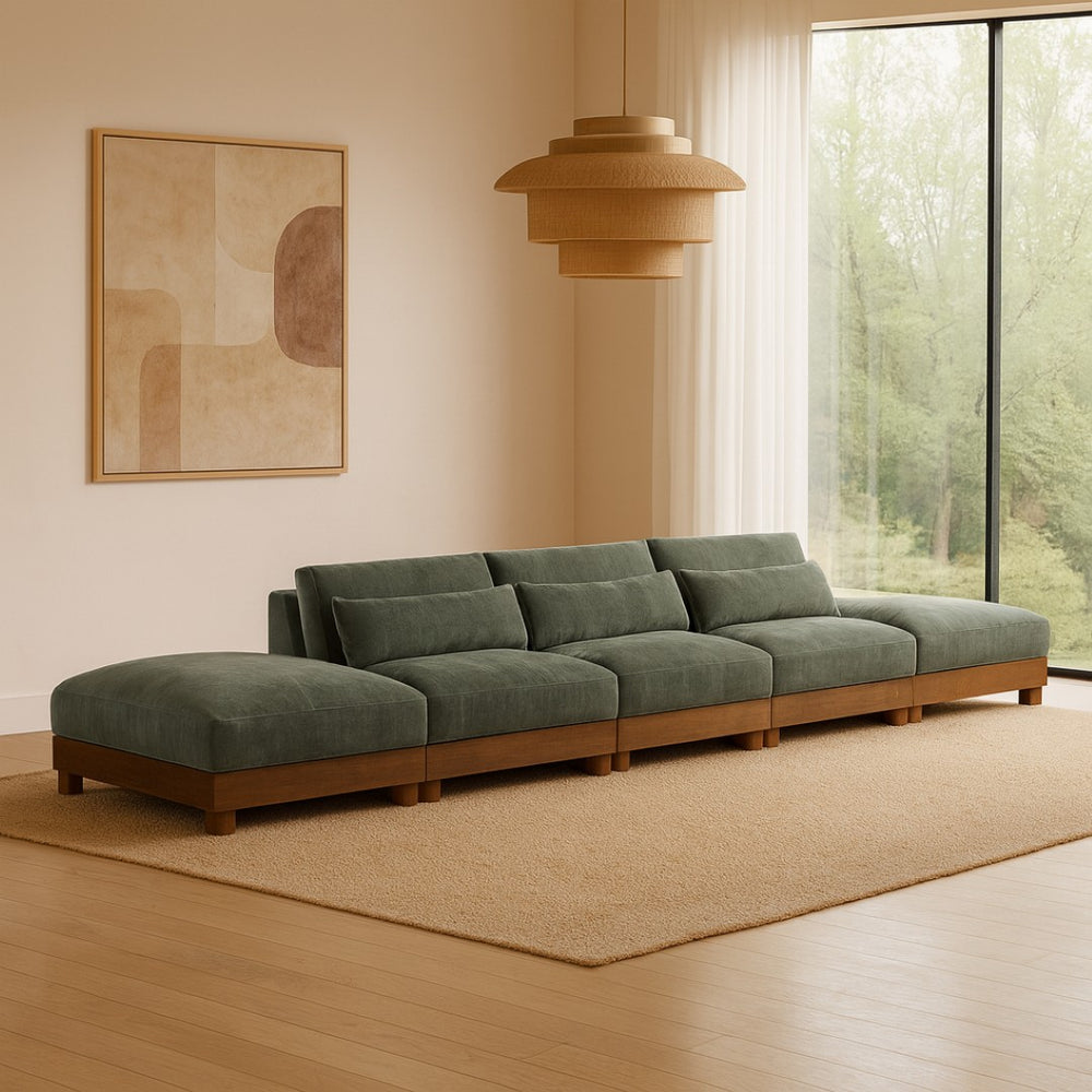 Meridian Furniture Turin Five Piece Modular Sofa in Plush Green Chenille with Art Deco Low Profile 606Green-S5A