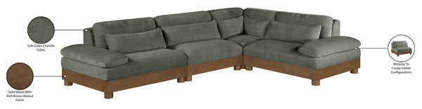 Meridian Furniture Turin Four Piece Modular Sectional Soft Green Chenille Art Deco Living Room Sofa 606Green-Sec4A