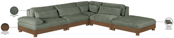 Meridian Furniture Turin Art Deco Five Piece Modular Sectional in Plush Green Chenille with Walnut Legs 606Green-Sec5A