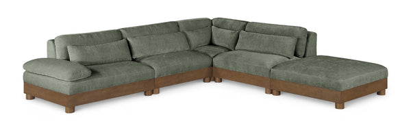 Meridian Furniture Turin Art Deco Five Piece Modular Sectional in Plush Green Chenille with Walnut Legs 606Green-Sec5A