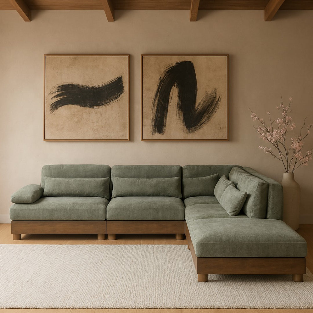 Meridian Furniture Turin Art Deco Five Piece Modular Sectional in Plush Green Chenille with Walnut Legs 606Green-Sec5A
