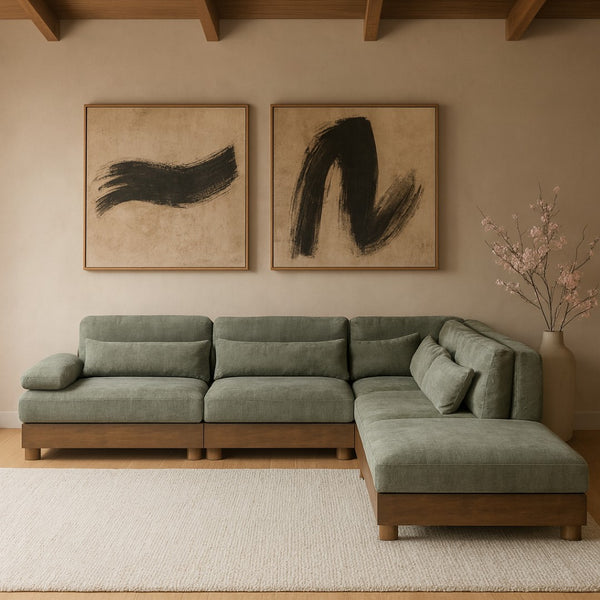 Meridian Furniture Turin Art Deco Five Piece Modular Sectional in Plush Green Chenille with Walnut Legs 606Green-Sec5A