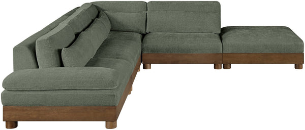 Meridian Furniture Turin Art Deco Five Piece Modular Sectional in Plush Green Chenille with Walnut Legs 606Green-Sec5A
