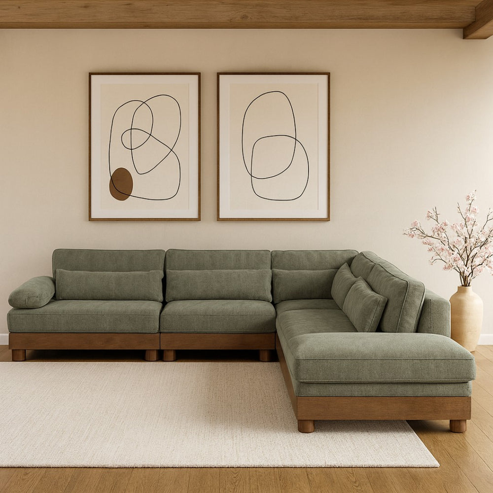 Meridian Furniture Turin Five Piece Modular Sectional Soft Chenille Art Deco Living Room Sofa Set 606Green-Sec5B