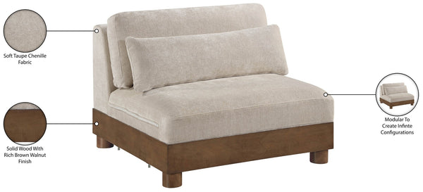 Meridian Furniture Turin Chenille Armless Modular Chair Art Deco Oak Frame Plush Living Room Seating Taupe 606 606Taupe-Armless