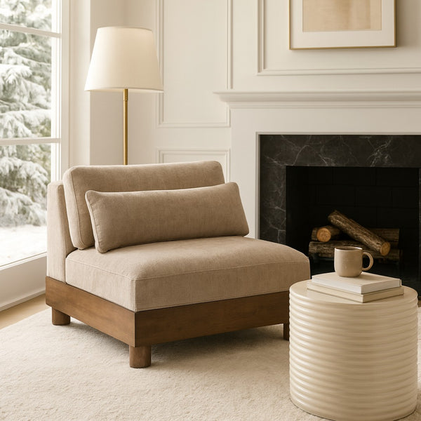 Meridian Furniture Turin Chenille Armless Modular Chair Art Deco Oak Frame Plush Living Room Seating Taupe 606 606Taupe-Armless
