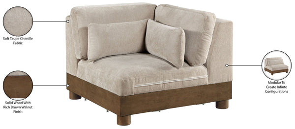 Meridian Furniture Turin Modular Corner Chair Art Deco Chenille Upholstery Low Profile Sectional Living Room Taupe 606Taupe-Corner