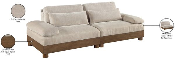 Meridian Furniture Turin Art Deco Modular Sofa with Plush Chenille and Walnut Legs for Living Rooms 606Taupe-S2A