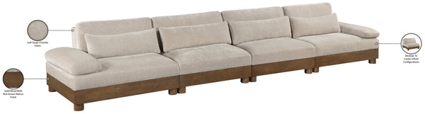 Meridian Furniture Turin Four Piece Modular Sectional Chenille Sofa with Art Deco Walnut Legs 606Taupe-S4A