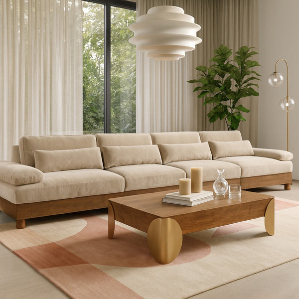 Meridian Furniture Turin Four Piece Modular Sectional Chenille Sofa with Art Deco Walnut Legs 606Taupe-S4A