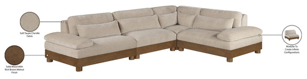 Meridian Furniture Turin Art Deco Modular Sectional Plush Chenille Upholstery Walnut Frame Living Room 606Taupe-Sec4A
