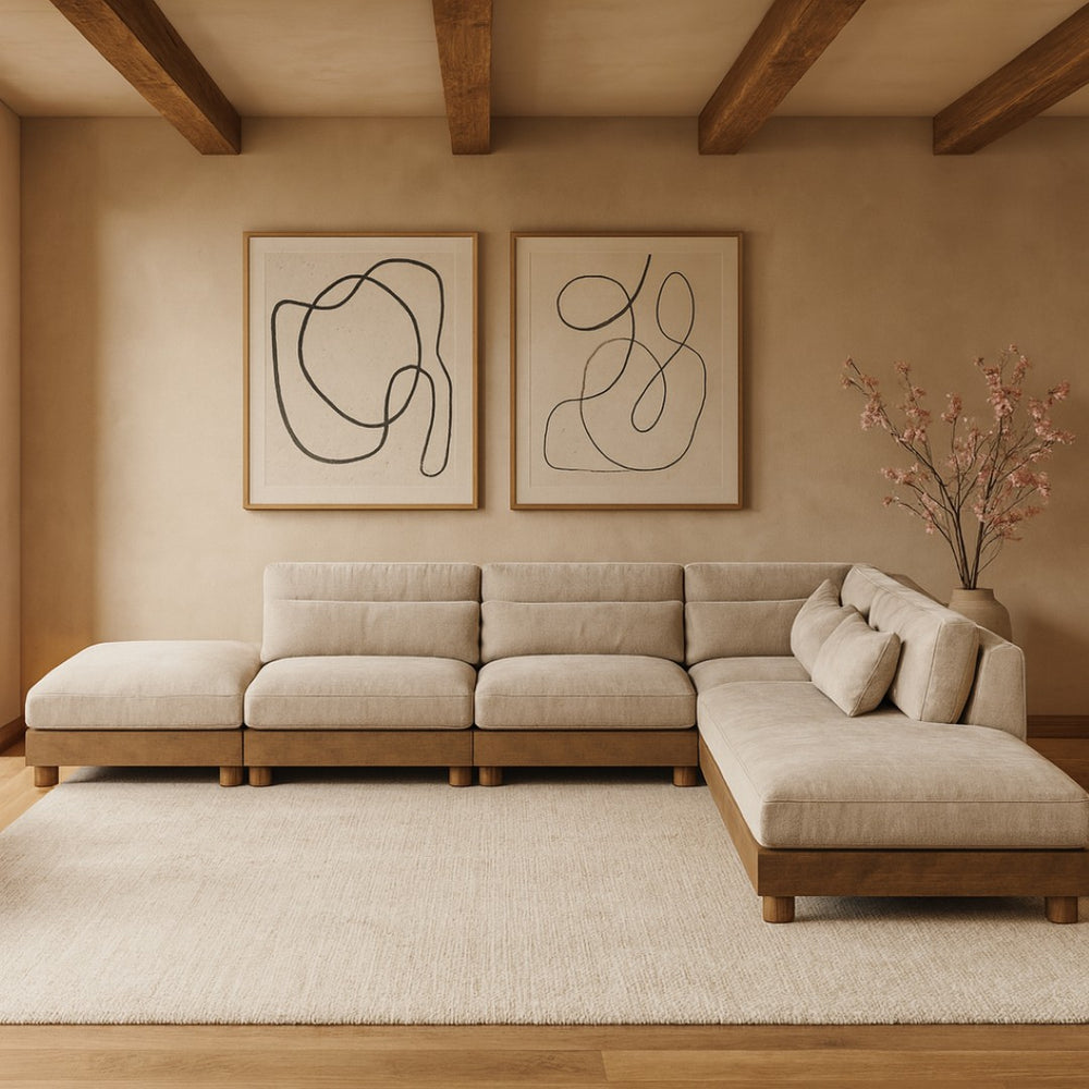 Meridian Furniture Turin Art Deco Six Piece Modular Sectional Chenille Upholstered Walnut Frame Lounge 606Taupe-Sec6B