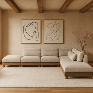 Meridian Furniture Turin Art Deco Six Piece Modular Sectional Chenille Upholstered Walnut Frame Lounge 606Taupe-Sec6B