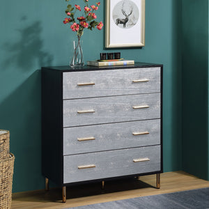 English Elm Black Black and Silver 4-Drawer Chest with Gold Legs Champagne Faux Crocodile Fronts Elegant Storage B062P209044