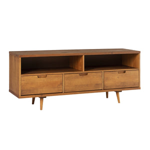 English Elm Walker Edison - Mid-Century Solid Wood 3-Drawer 58" TV Stand with Cord Management, Open Cubbies & Angled Legs Caramel 69 L x 19 W x 6 H B185P169379