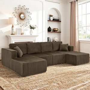 English Elm U-shaped Modular Corduroy Sectional Sofa Sleeper Spacious Living Room Lounge Couch Brown W487S00424