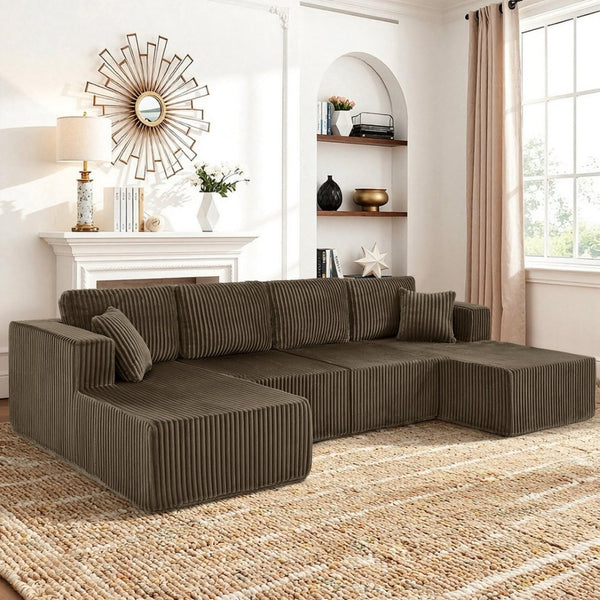 English Elm U-shaped Modular Corduroy Sectional Sofa Sleeper Spacious Living Room Lounge Couch Brown W487S00424