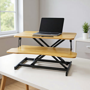 English Elm 32 Inch Sit Stand Desk Converter with Keyboard Tray Dual Monitor Ergonomic Riser Black,Natural W2641P406128