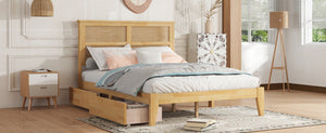 English Elm Full Full Size Bed with Rattan Headboard and Two Underbed Storage Drawers, Rubberwood Slat Support White Oak W504P269606