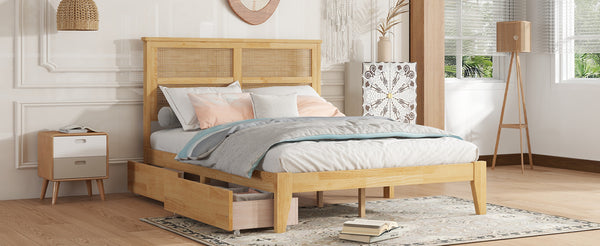 English Elm Full Full Size Bed with Rattan Headboard and Two Underbed Storage Drawers, Rubberwood Slat Support White Oak W504P269606