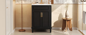 English Elm 24'' Bathroom Vanity with Sink - Solid Wood Frame, Glossy Ceramic Basin, Soft-Close Doors & Ample Storage Elegant Modern Design, Durable MDF Construction, Retro Metal Handles, Compact 24-inch Cabinet Black N710P317675B