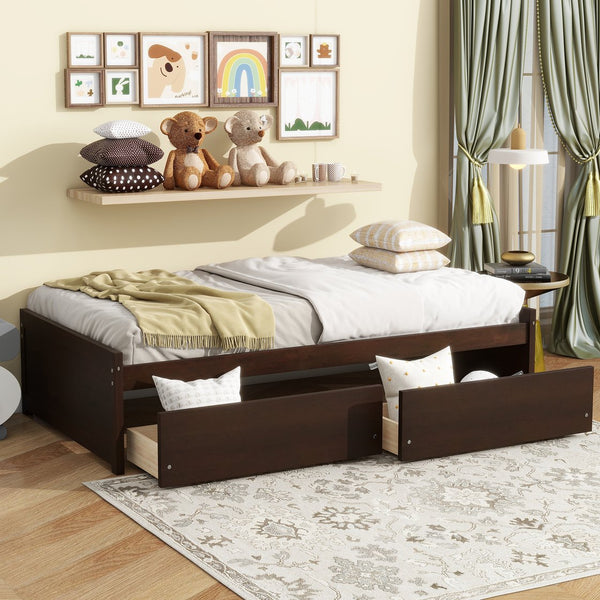 English Elm Twin Twin Size Bed with 2 Drawers Solid Rubber Wood Frame, Space-Saving Storage and Easy Assembly Espresso W504P313038