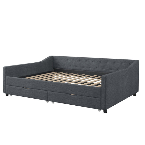 English Elm Full Size Daybed With Drawers - Stylish Upholstered Sofa Bed With Tufted Design & Waved Arms In Dark Grey W2336S00040