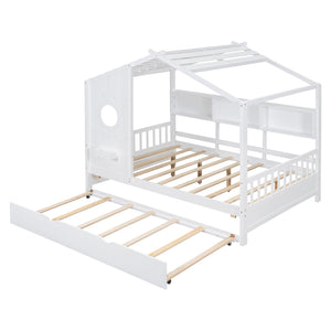 English Elm Wooden Full Size House Bed with Trundle and Built-In Shelves — Modern Pine Frame, Whimsical Roof Design White 57.2 L x 16.25 W x 5.9 H N733S316125K