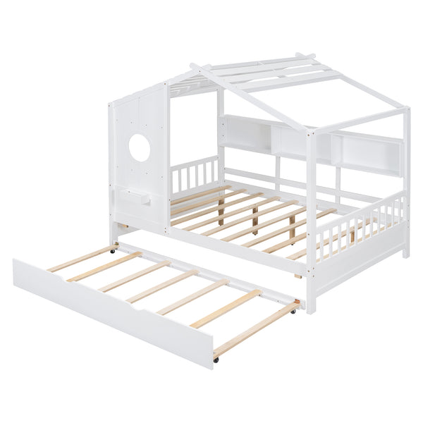 English Elm Wooden Full Size House Bed with Trundle and Built-In Shelves — Modern Pine Frame, Whimsical Roof Design White 57.2 L x 16.25 W x 5.9 H N733S316125K
